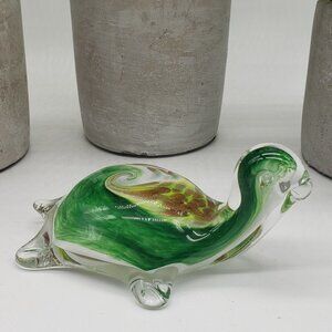Murano Style Green White Gold Aventurine Art Glass Turtle Figurine Paperweight